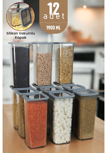 Jumbo Boy Silikon Kapaklı Erzak Bakliyat Saklama Kabı Kare Saklama Kutusu Seti 12 Adet 1900