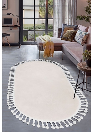 Dijidekor Lüx Post Peluş Düz Krem Oval Saçaklı Bohem Koridor ...