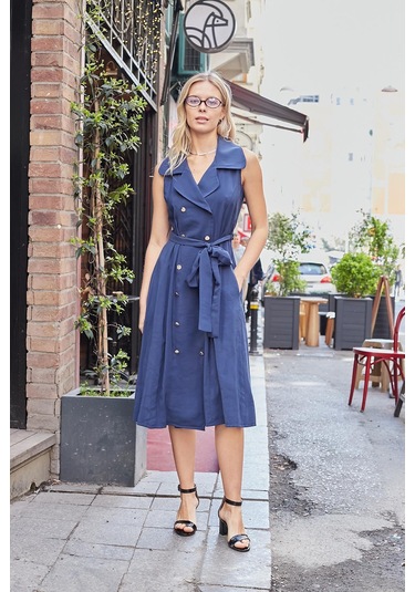 Kadın İpeksi Modal Likrasız Kumaş Anvelop Kruvaze Yakalı Cepli Bağcıklı Midi Boy Diz Altı Elbise-lacivert Lacivert