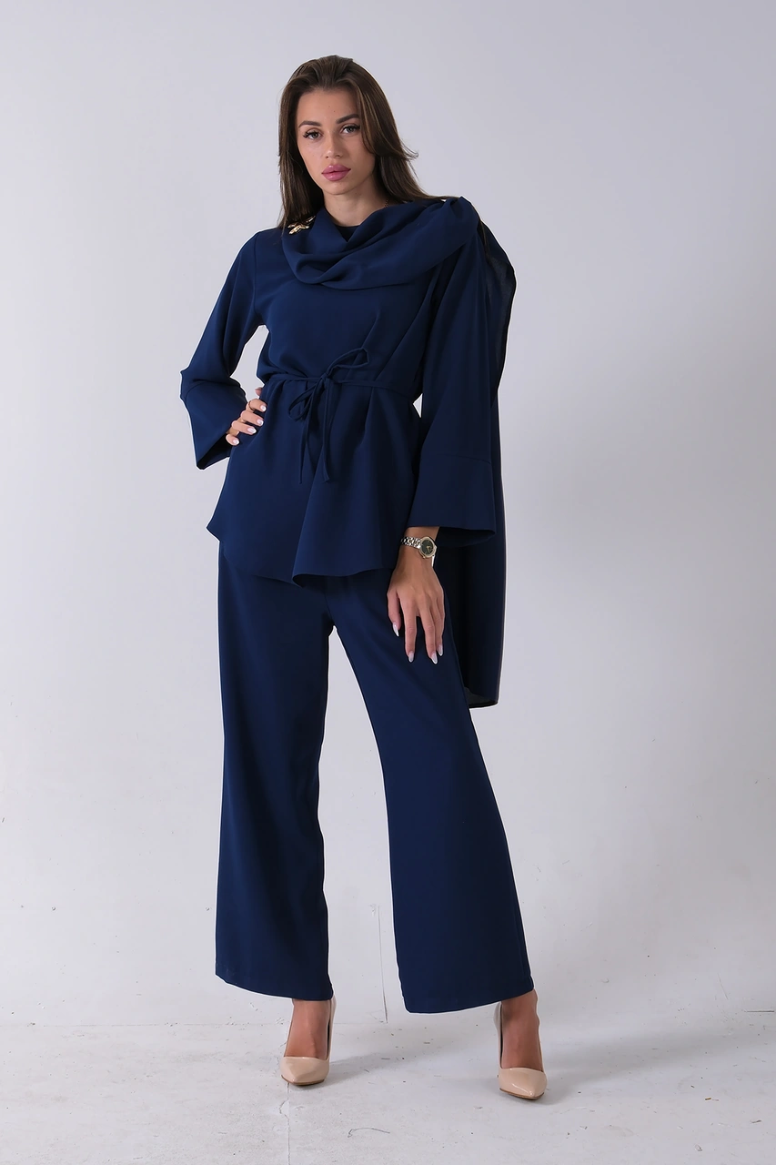 Feminist Lacivert Şal Yaka Üzeri Broş Detaylı Pantolonlu Takım 4592270.02 Lacivert