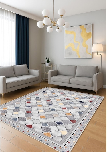 Gri Dijital Baskı Salon Halısı Kaymaz Tabanlı Yıkanabilir Halı Yolluk 520 Gri