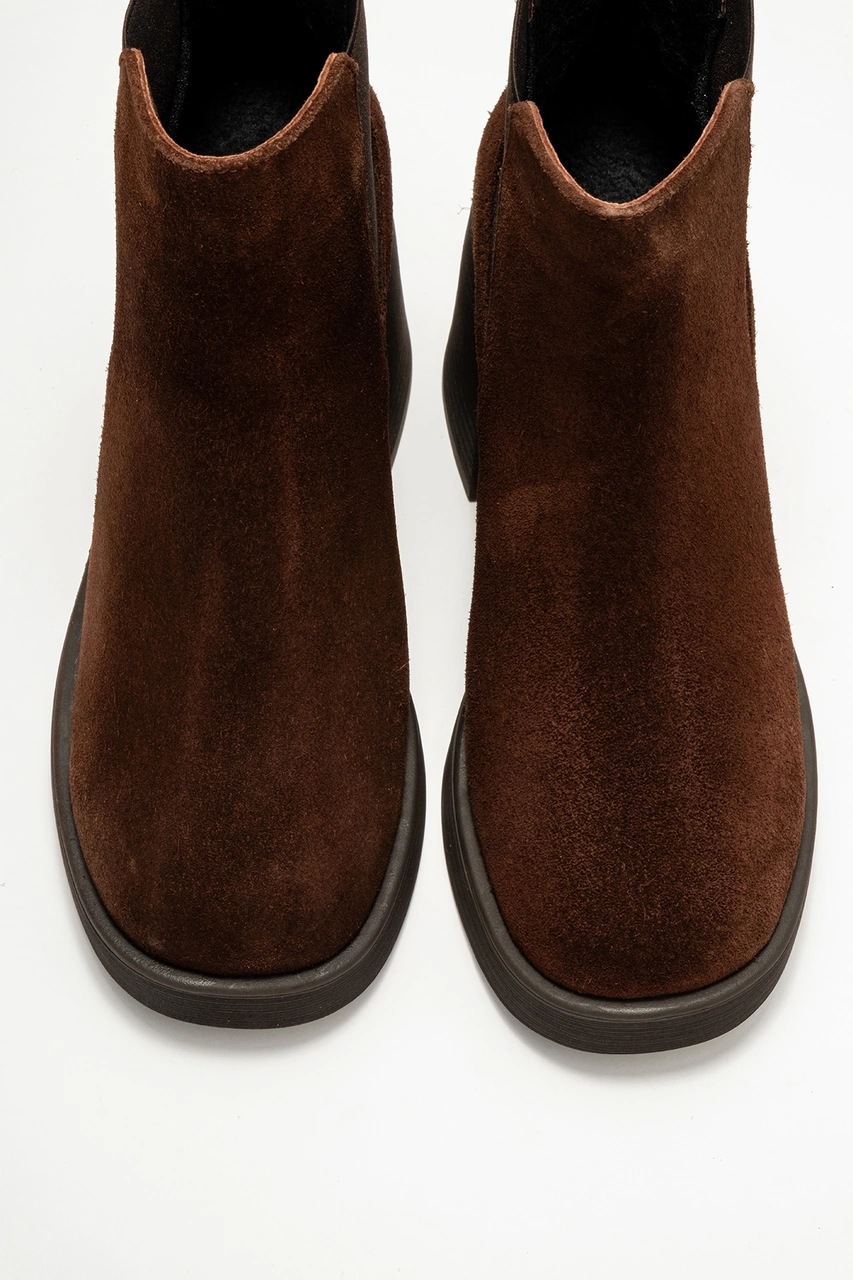 Lysa Kahverengi Süet Lastikli Hakiki Deri Kadın Platform Topuklu Bot Süet Kahve