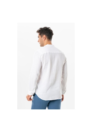 Uzun Kol Hakim Yaka Erkek Müslin Yazlık Gömlek Beyaz Byz-beyaz Beyaz