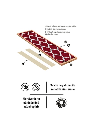 Dikdörtgen Dokuma Merdiven Halısı Kendinden Yapışkanlı Bordo Beyaz