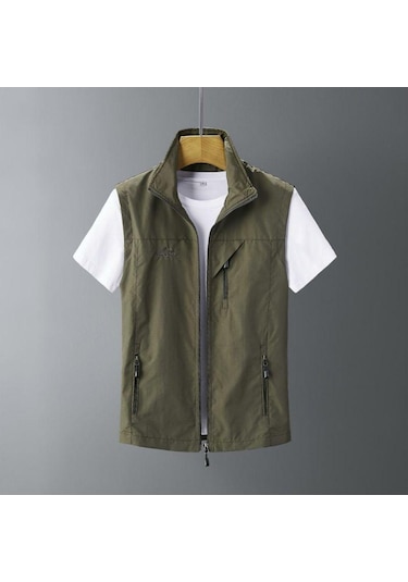 Büyük Beden Erkek İlkbahar Yaz Açık Hava Yeleği Günlük Balıkçılık Yeleği Dik Yaka Kolsuz Ceket Asker Yeşili