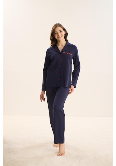 Kadın Uzun Kol Önden Düğmeli Lacivert Pijama Takım C3t9n9o51 001