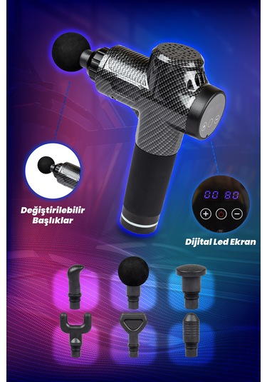 Thomax Masaj Tabancası 6 Başlıklı Profesyonel Masaj Aleti Siyah