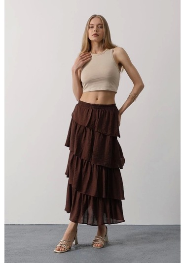 Katlı Kesim Uzun Etek - Kahve Kahve