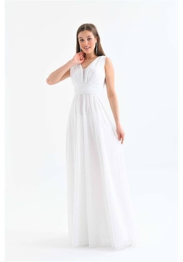 Dip Moda Kadın Astarlı Sim Detaylı Uzun Abiye Elbise Dpnbs9223 Beyaz