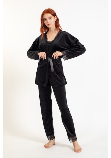 Kadın 13402-1 Dantelli Sabahlık Kadife Pijama Takım SİYAH-Siyah