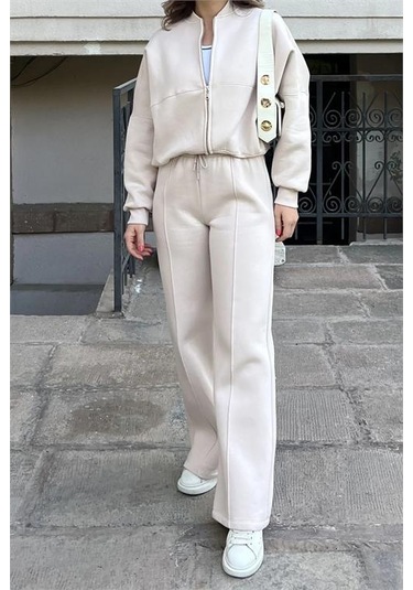 Neşeli Butik Kadın Fermuarlı 3 İplik Eşofman Takımı Nb0018 - Bej Bej