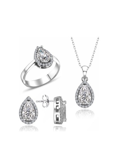 Sertifikalı Swarovski Damla Taşlı Tek Taş 925 Gümüş Set