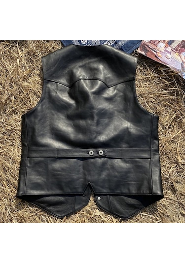 Yakalı Metal Düğmeli Yelek Hakiki Deri