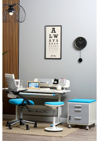 Vega Basic Yükseklik Ve Eğim Ayarlı Ekru Çalışma Masası, Çekmeceli Bilgisayar Ve Ofis Masası, Mavi Gri