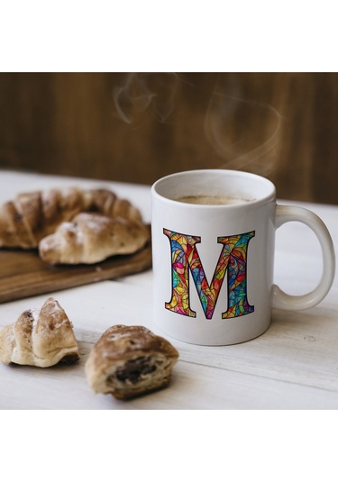 M Harfi Bardak 330 Ml İsme/harfe Özel Hediye, Renkli Harf Tasarım Beyaz