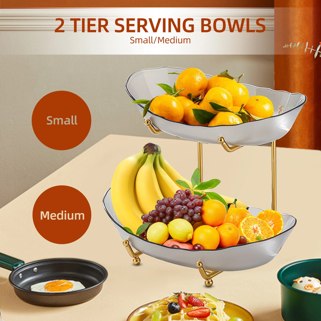 Lemestar Gri Akrilik Ve Demir 2 Katlı Mutfak Sepeti - Mevsim Meyveleri, Atıştırmalıklar, Tatlılar İçin Salon, Çay Masası Serim Rakımı Gri