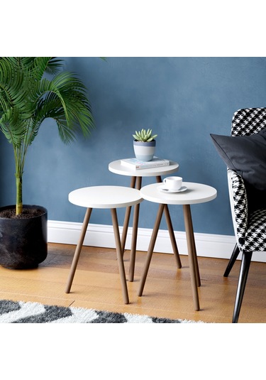 Üçlü Zigon Sehpa Ahşap Ayaklı Pastel Renkli Yuvarlak Tasarım