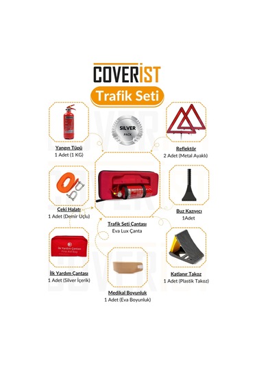 Eva Trafik Ve İlk Yardım Seti - Muayene Uyumlu 1 Kg Araç Yangın Tüpü - 2 Adet Reflektör - Silver Pack
