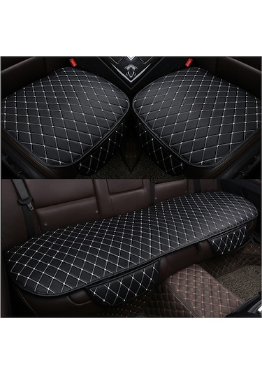 Tüm Araçlar Uyumlu Kumaş Ön Ve Arka Takım Araba Koltuk Minderi 3 Parça Krem - Siyah