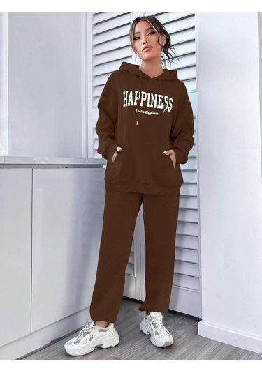 Happiness Eşofman Takımı Sweatshirt Jogger - Kahverengi Baskılı Oversize Şardonlu Kapüşonlu Kahverengi