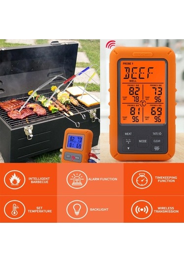 Pazly 4 Probeli Kablosuz Et Termometresi - 100m Menzil, Lcd Ekran, Zamanlayıcı Ve Alarmlı Bbq Aleti/