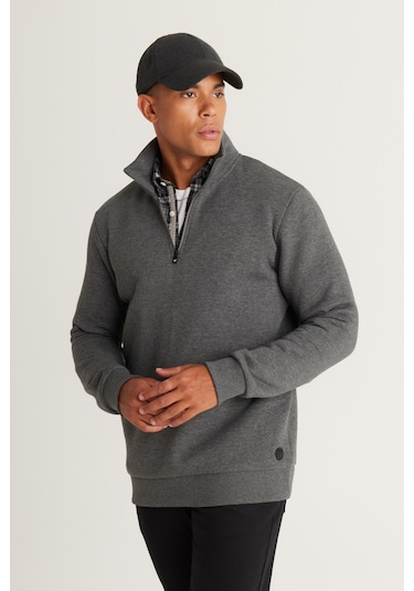 AC&Co / Altınyıldız Classics Standart Fit Normal Kesim İçi Polarlı Bato Yaka Pamuklu Erkek Sweatshirt Antrasit Melanj Antrasit AC&Co / Altınyıldız Classics Standart Fit Normal Kesim İçi Polarlı Bato Yaka Pamuklu Erkek Sweatshirt Antrasit Melanj Antrasit