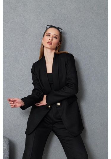 Kare Düğmeli Yünefekt Takım Siyah Siyah