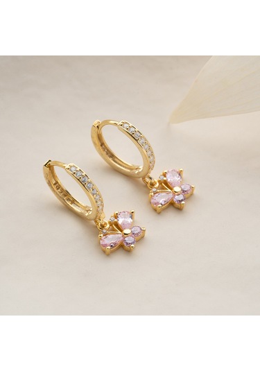 Vaoov 925 Ayar Gümüş Pembe Taşlı Sallantılı Kelebek Küpe Altın