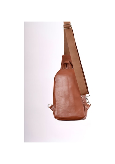 Unisex Taba Hakiki Deri Çapraz Badybag Omuz Ve Göğüs Çantası Usb Çıkışlı Taba