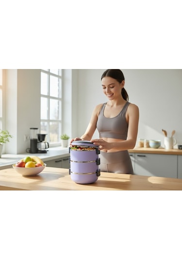 3 Katlı Vakumlu Yemek Termosu 3lü Sefer Tası Freshbox Serisi Mor Renk Mor