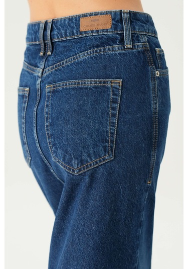 Koyu Mavi Yüksek Bel Patı Fermuarlı Yırtmaçlı Etek Ucu Kesik Maxi Jean Etek C 4532-051 Koyu Mavi