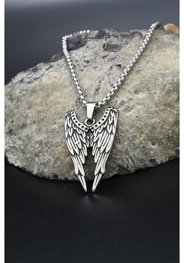 Kanat Motifli Kolye Paslanmaz Çelik Zincir 902298 Gümüş