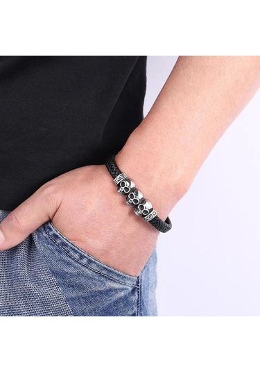 Paslanmaz Çelik Kurukafa Yakışıklı Takı Deri Bileklik Erkek Paslanmaz Çelik Takı Siyah Siyah