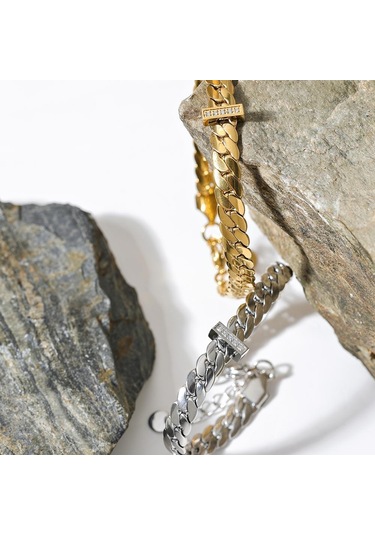 Gümüş Eetit Yüksek Kalite 18 K Altın Kaplama Küba Zincir Paslanmaz Çelik Bilezik Bileklik Zirkon Bildirimi Şık Moda Su Geçirmez Takı Gümüş