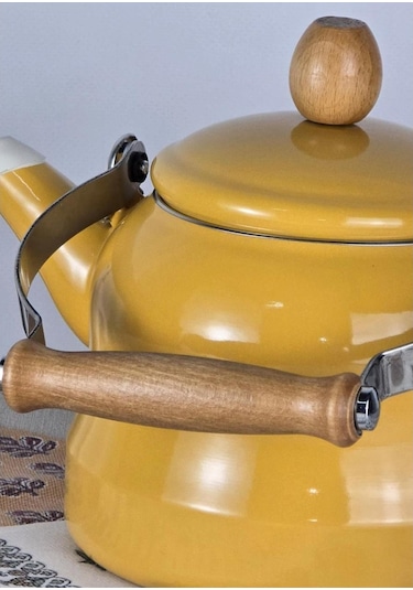 Alev Vintage Demlik Ahşap Saplı Emaye Çaydanlık Kettle 2,5lt Sarı Sarı