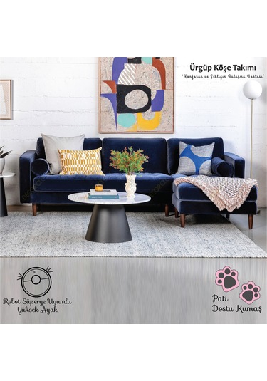 Ürgüp Lacivert Modern Köşe Koltuk Takımı Baby Face Yumuşak Kumaş Pofuduk Köşe Koltuk Sağ Köşe Lacivert