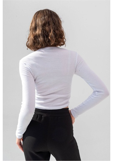 Gri Uzun Kollu Fitilli Bluz Crop Örme T-shirt Beyaz