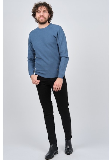 Çizgi Triko Erkek Bisiklet Yaka Slim Fit Kazak 42554259 Mavi Mavi