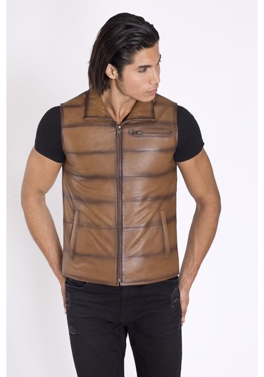 Taba Renk Hakiki Deri Yelek-Taba