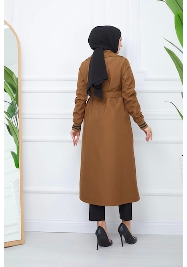 Bondit Kumaş Ribanalı Uzun Boy Trençkot / Kahverengi - M0110 Kahverengi