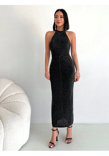 Simli Buzi Elbise Siyah