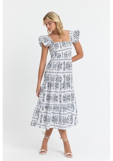 Apsen Kadın Beli Gipeli Kolu Fırfır Detaylı Midi Dokuma Elbise 4510-105 Beyaz