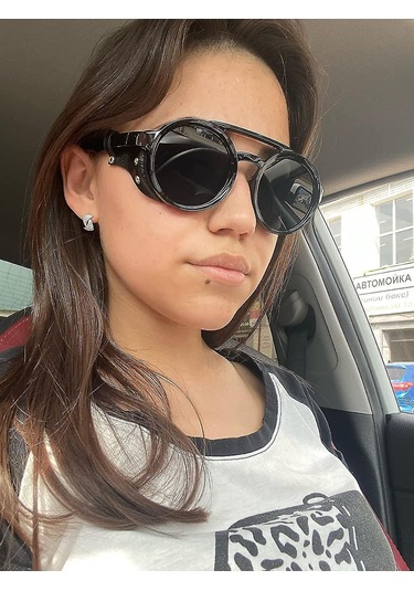 Steampunk Yuvarlak Güneş Gözlüğü Vintage Kaş Plastik Çerçeve Deri - Siyah Diğer