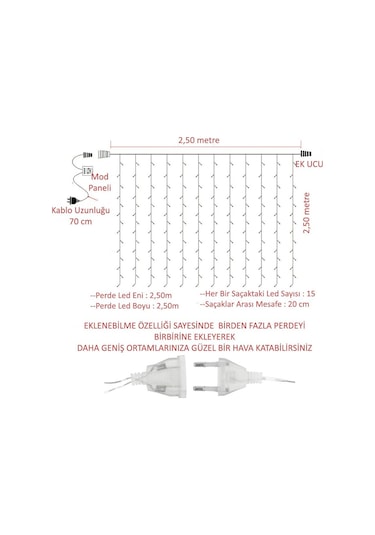 Technosmart 2.5 X 2.5 Metre 8 Fonksiyonlu Perde Led 12 Saçaklı 18