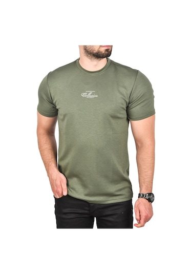 Deepsea Erkek Haki Bisiklet Yaka Dar Kesim Pamuklu Tişört Nefes Alan Yumuşak Dokulu Tişört 2504350 Haki