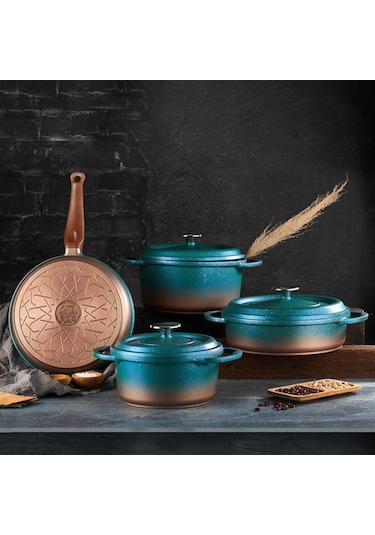 Oms 3049 Ocaliptüs 7 Parça Granit Döküm Tencere Takımı Mentol