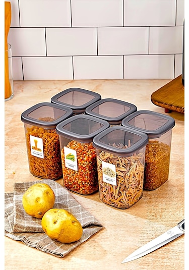 6 Adet Etiketli Square Kare Erzak Saklama Kabı Seti 1200 Ml - Sert Kapak 1.2 Litre Çok Renkli