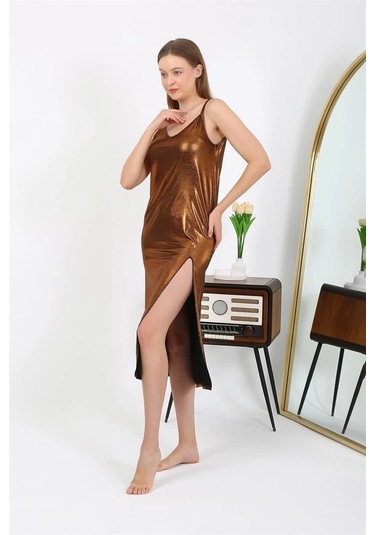 Giyim Kadın İp Askılı Uzun Parlak Micro Elbise Gecelik Kahverengi Kahve