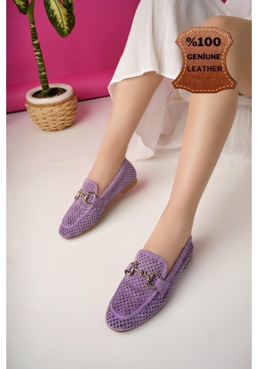 Muggo Phuket Garantili Metal Tokalı Lazerli Nefes Alabilen Deri Kadın Loafer Günlük Ayakkabı Mor