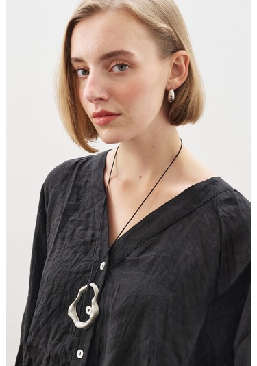 Keten Crush Düğmeli Bluz Siyah Siyah